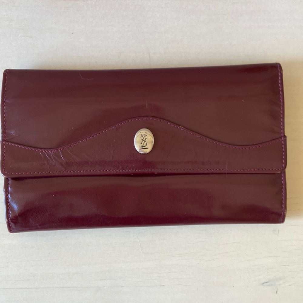 Designer YSL Yves Saint Laurent Cherry Red Smooth Leather Trifold Wallet VTG - Picture 1 of 8